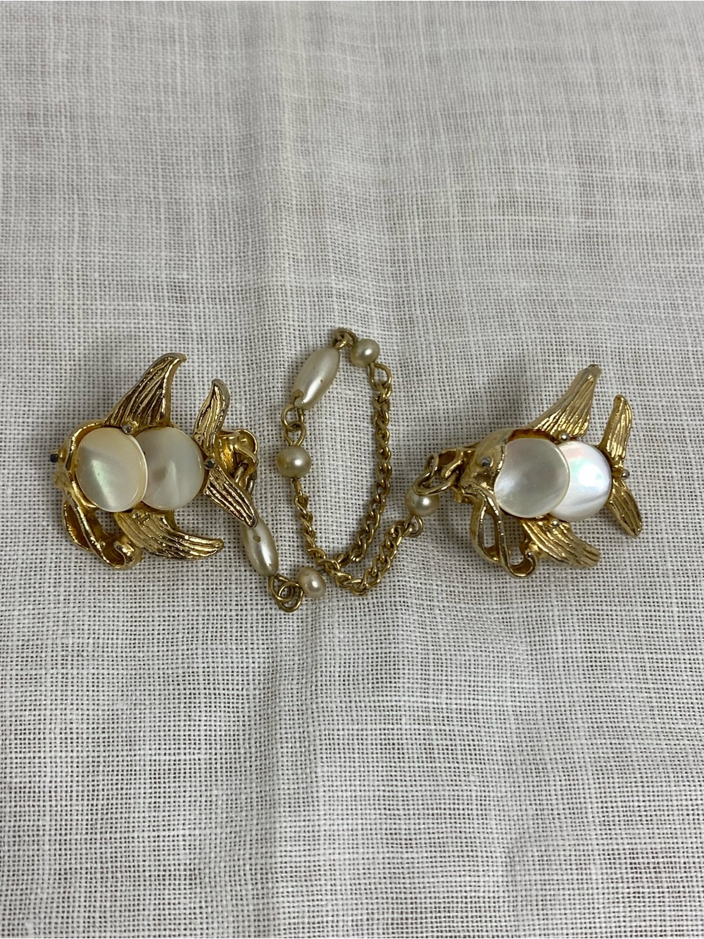 Vintage Fish Sweater Clips Gold Tone Faux Pearl Mother of Pearl